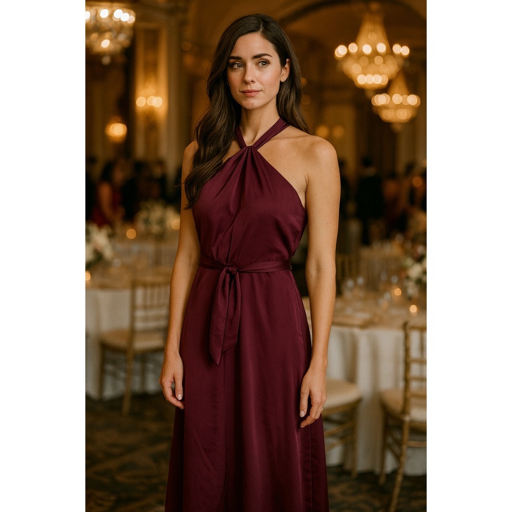 Monique Lhuillier Dress Womens 8 Evening Party Plum Satin Full Length Bridesmaid